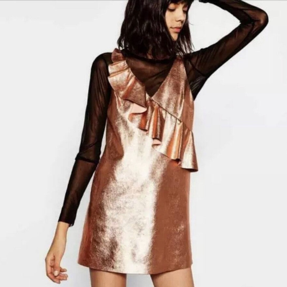 ZARA Rose Gold Metallic Sheath Dress V Neck Asymmetrical Ruffle Women’s Medium